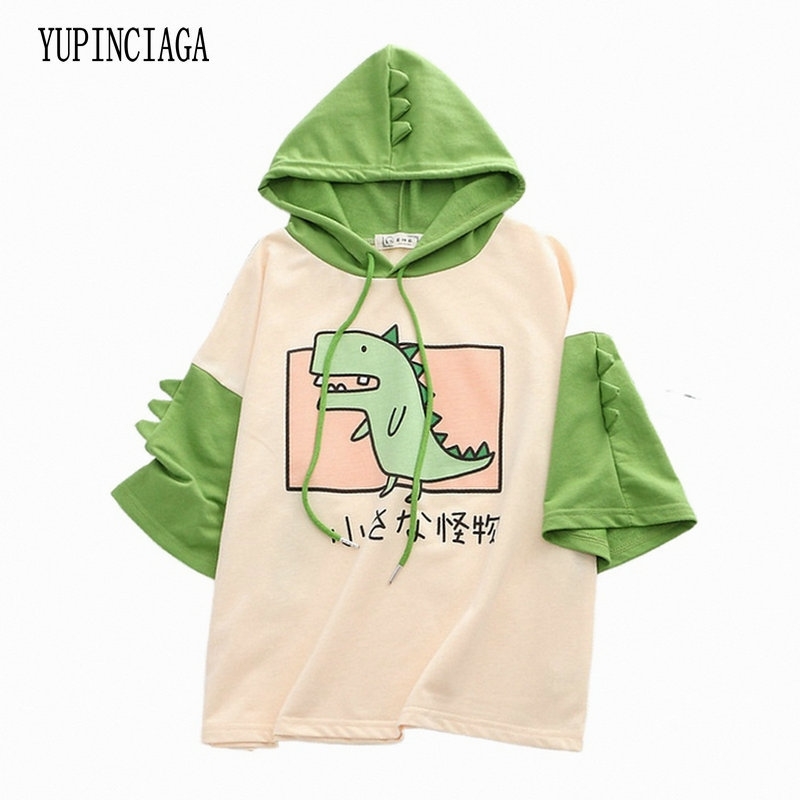 Women Dinosaur Short Sleeve Hooded Cotton T Shirt Summer With Horns Harajuku Hooded Girls Teens Green Tops Tees YUPINCIAGA T200512