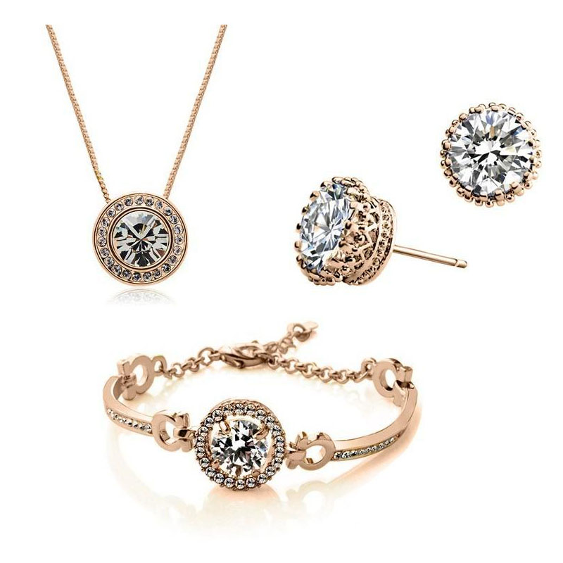 Fashion 18K Gold Silver Plated Zircon Jewelry Set for Women Austrain Crystal Necklace Earrings Bracelet Jewelry Sets Bridal Engagement Wedding Jewelry