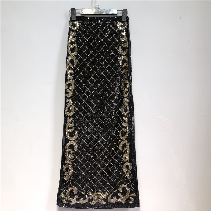 Cakucool Retro Black Sequined X Long Skirt Vintage Beading Pencil Skirt High Waist Golden Silm Bodycon Runway Back Slit Skirt T200324