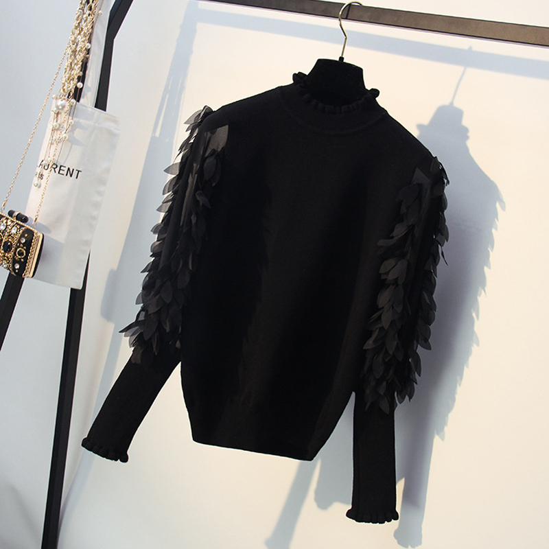 HLBCBG Ruffled Collar Knitted Women Sweater Spring Autumn Loose Jumper Fashion Flowers Sleeves Sweater and Pullover Femme Pull 201120