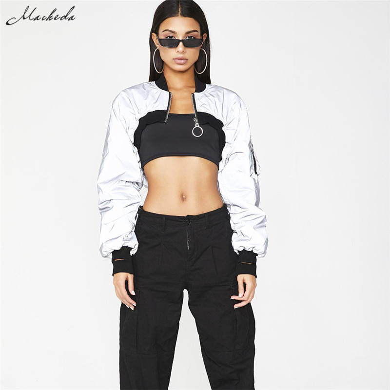 Macheda Women Short Coat Long Sleeve Zipper Bomber Jackets Gray Reflective Coat 2018 New Sale Female Casual Cropped Top T200111