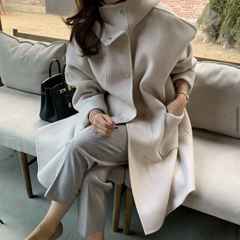 GALCAUR Thick Tweed Coat For Women Hooded Collar Long Sleeve Loose Pockets Oversized Elegant Coats Female Autumn Clothing 201103