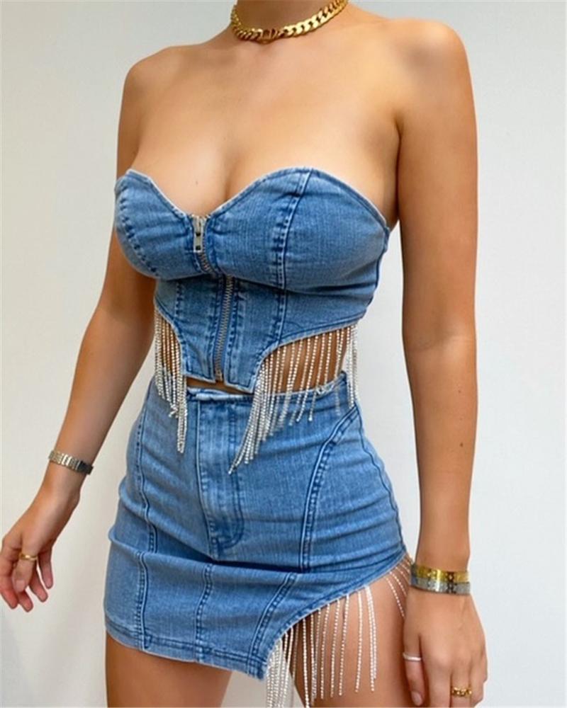 XLLAIS Good Quality Denim Party Two Piece Sets Women Sexy Strapless Zippers Tight Tank Tops Split Mini Skirts Matching Outfits, Blue
XLLAIS Good Quality Denim Party Two Piece Sets Women Sexy Strapless Zippers Tight Tank Tops Split Mini Skirts Matching Outfits, Blue