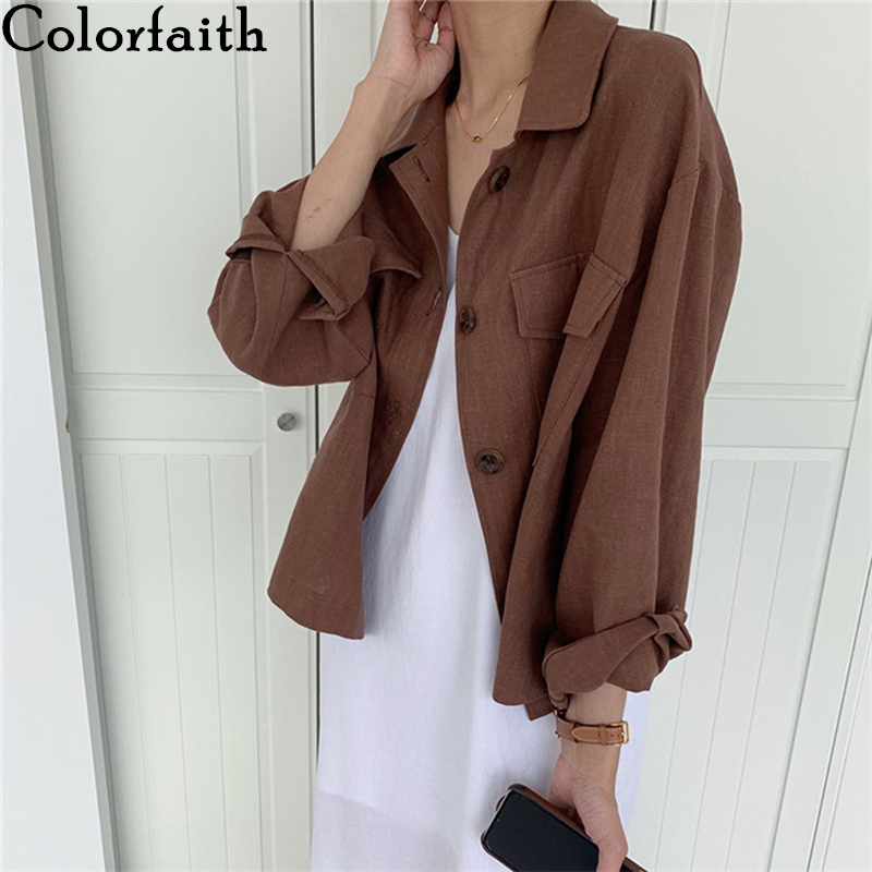 Colorfaith New Summer Fall Women's Jacket Casual Pockets Cargo Oversize Cotton and Linen Wild Outerwear Short Tops JK8571 201017