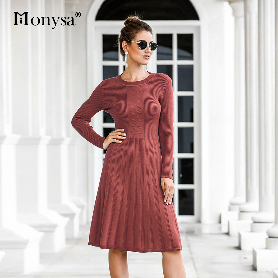 Casual Knitted Dress Women Fall Winter Long Sleeve Slim Fit Midi Dresses Ladies Pleated Sweater Dress Blue Black Brown 201110