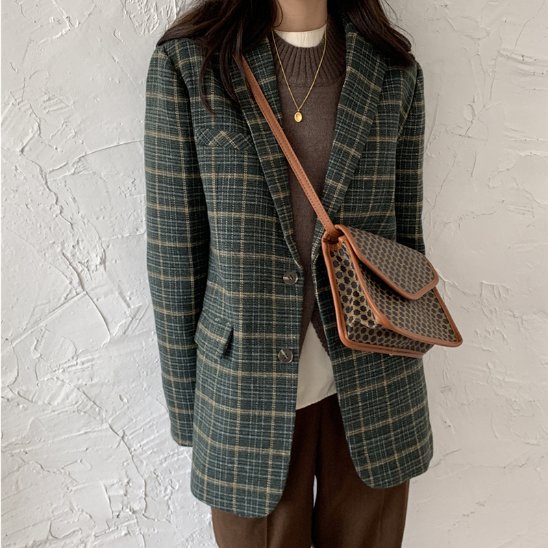 Women Winter Green Plaid Woolen Jacket Coat Femme Retro Notched Collar Single-Breasted Pockets Loose Thickening Blazer 201215