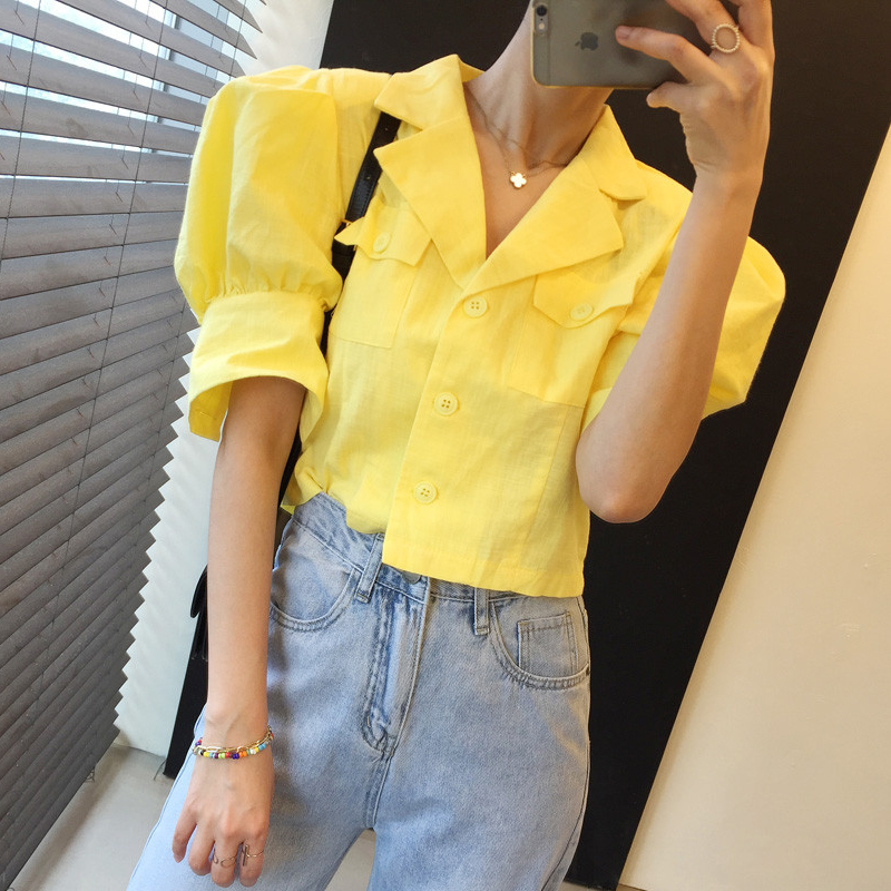 Gagarich Women Coat Korean Style Chic Summer Simple Candy-Colored Single-Breasted Loose Puff Sleeve Suit Cropped Jackets Ladies 201029