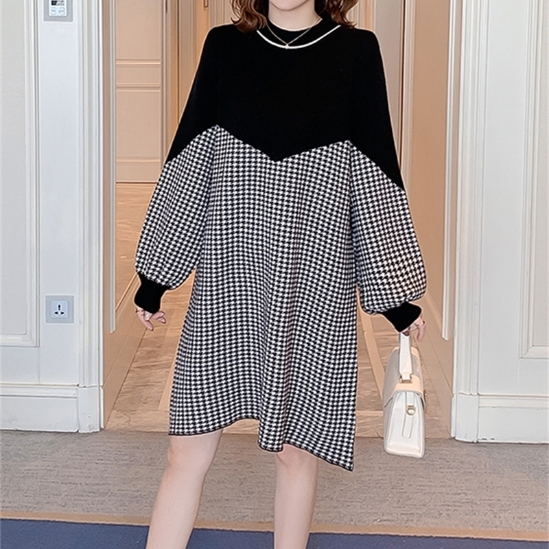 Autumn Patchwork Maternity Nursing Dress Long Sleeve Loose Breastfeeding Clothes for Pregnant Women Houndstooth Pregnancy LJ201124