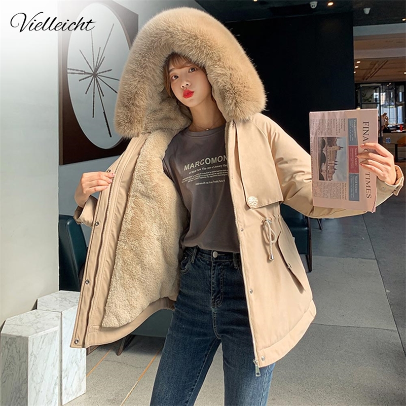 Vielleicht Ladies Wool Liner Thicken Hooded Parkas Women Slim With Big Fur Collar Outerwear Autumn Winter Jacket Women Coat 201217