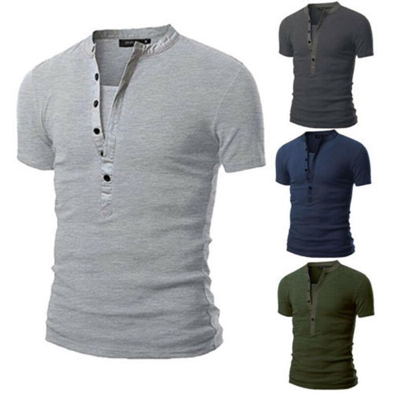 Solid Slim Fit V Neck T Short Sleeve Muscle Tee Summer Male Fashion Casual Tops Henley Shirts