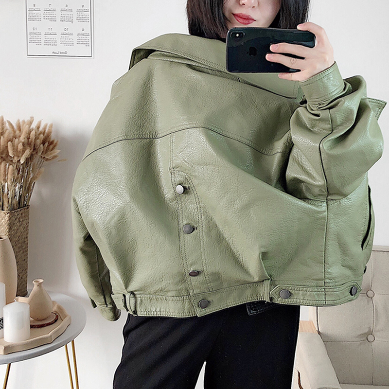 Fitaylor Women Faux Leather Jacket Batwing Sleeve Vintage Biker Coat Short Zipper Motor PU Red Jacket Spring Street Leather Coat 201226