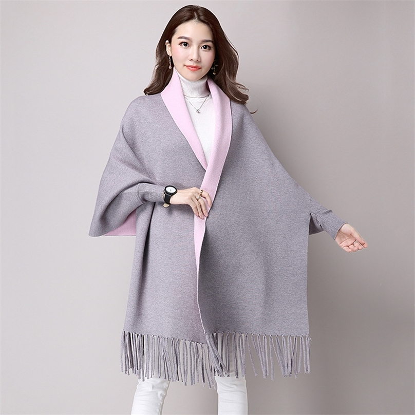 Winter Poncho With Sleeve Shawls Wraps Pashmina Lapel Lattice Geometric Knitted Sweater Coat Tassels Cape Sleeves Women 201214