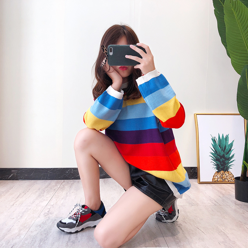 Heliar Autumn Winter Rainbow Stripe Sweater New INS Knit Sweater Long Sleeve Relaxed Lazy Style Women O Neck Pullovers 201017