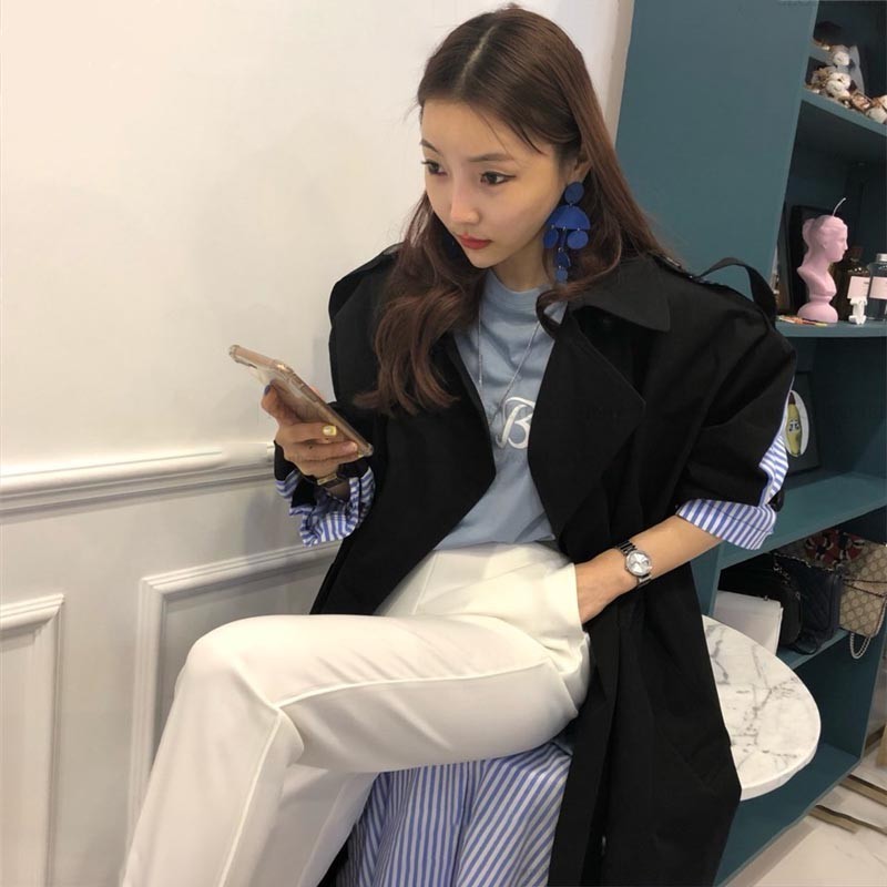 GALCAUR Striped Patchwork Windbreaker For Women Long Sleeve Lace Up Trench Coat Female Korean Fashion Autumn Oversized 201211