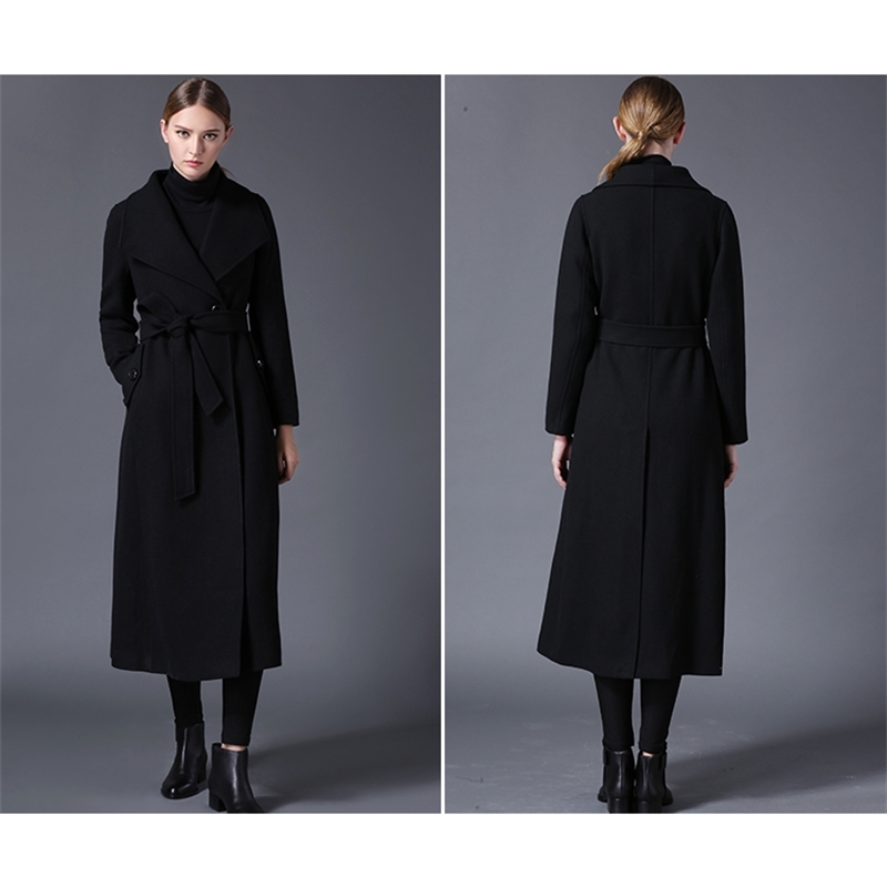 winter women's wool coat lapel black dark blue long section listing large size 201223