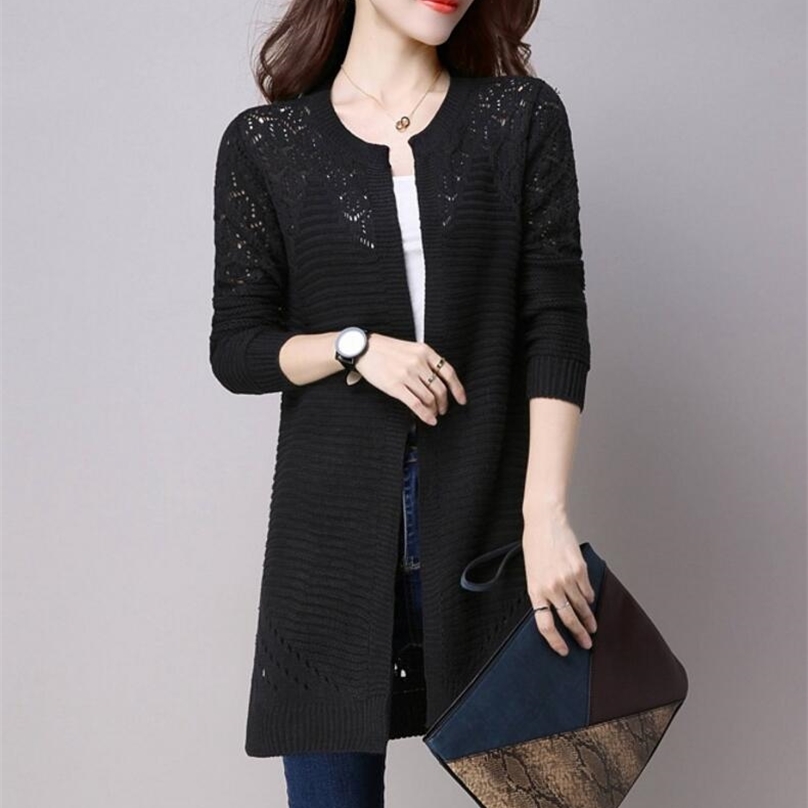 Fall Women Cardigan Solid Color Hollow Out Sweaters Size S-XXL Poncho Full Sleeve Open Stitch Female Knitted Outerwear 201225