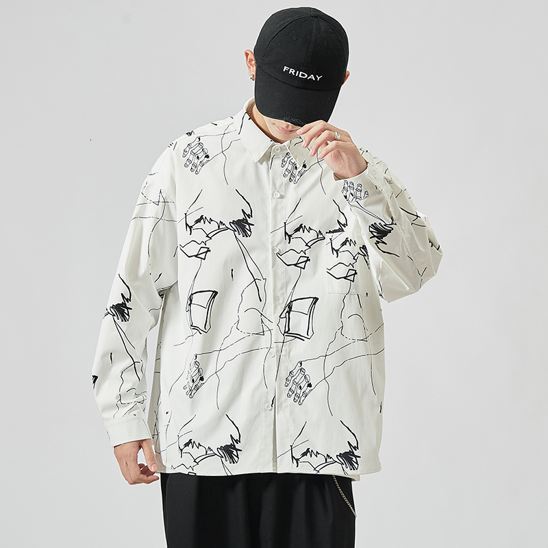 2021 Brand Spring Autumn Long Sleeves New Print White Black Collar Korea Style Shirt for Men's Clothing V1et, C170 1 
2021 Brand Spring Autumn Long Sleeves New Print White Black Collar Korea Style Shirt for Men's Clothing V1et, C170 1