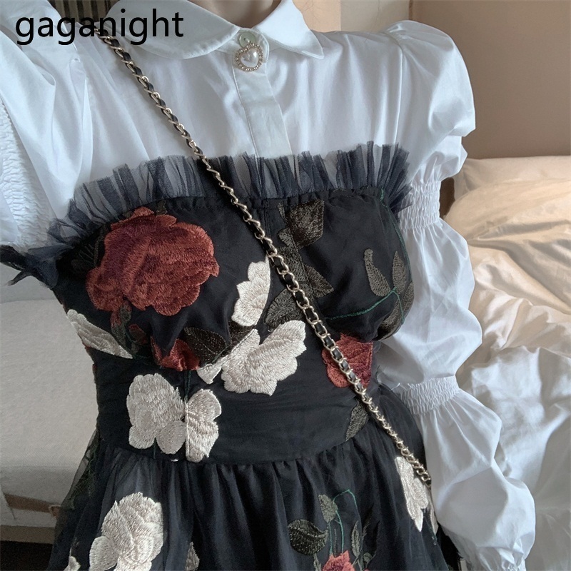 Gaganight Fashion Women Two Pieces Set White Long Sleeve Shirt Vintage Embroidery Flower Tube Suit 2Pieces Set Dropshipping 201119
