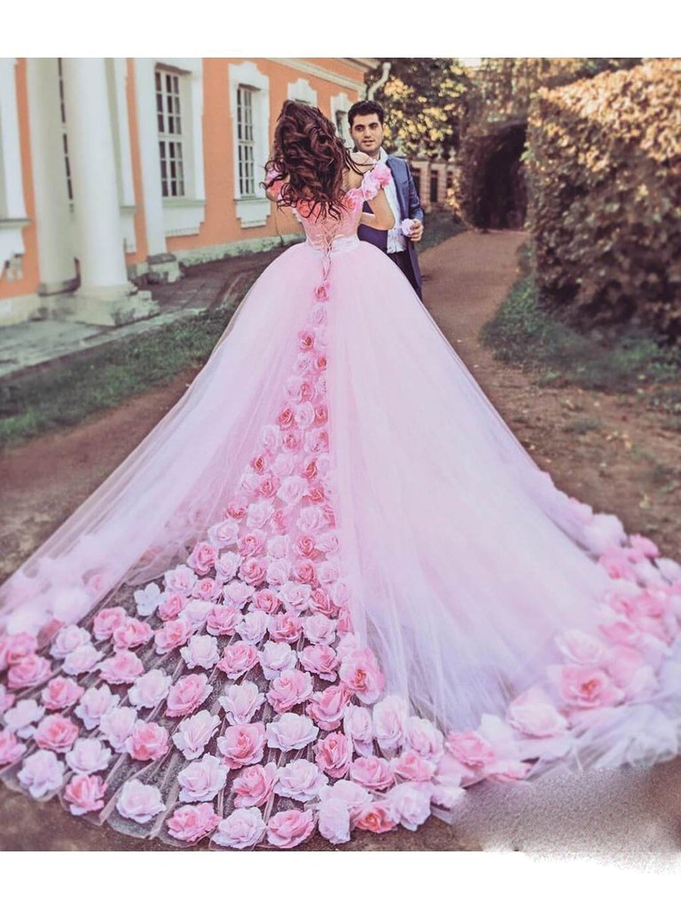 Pink 3D Flowers Princess Quinceanera Dresses Corset Tulle Sweet 16 Dresses Long Train Vestido De Debutante Off The Shoulder 15 Years Girls Brithday Pr