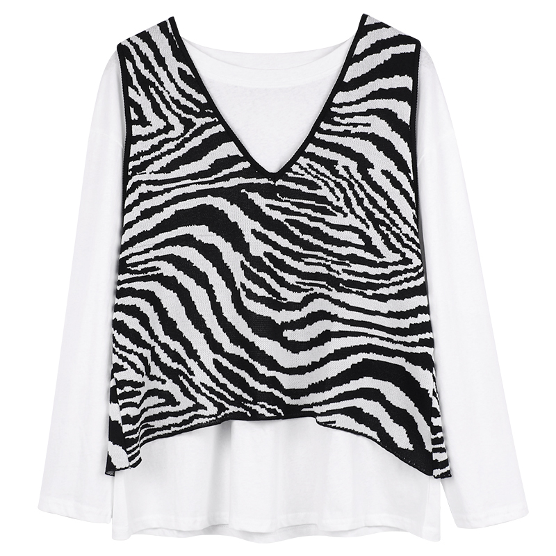 Zebra-Stripe Sweater Vest Women's Short Style Loose Autumn New Korean Style V-neck Sleeveless Sweater 201023