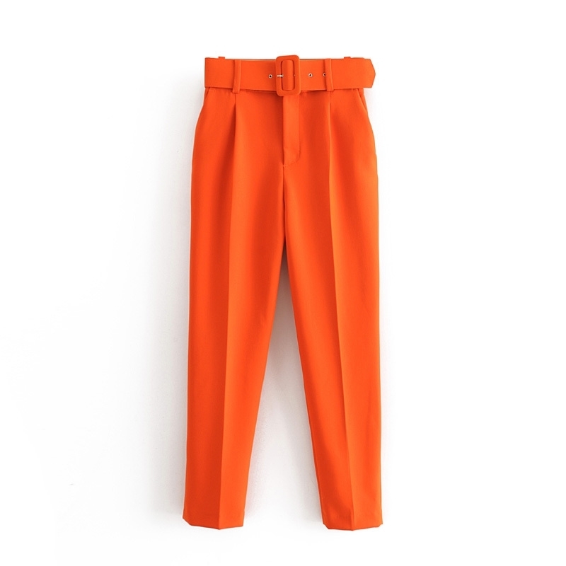 biege suit pants women high waist cargo pants belt solid color trousers joggers pantalones de mujer 201109