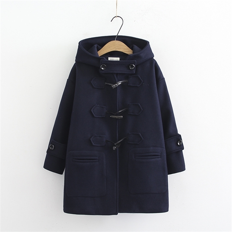 Cow horn buckles coats women autumn and winter long woolen coat hooded student small coat 201027