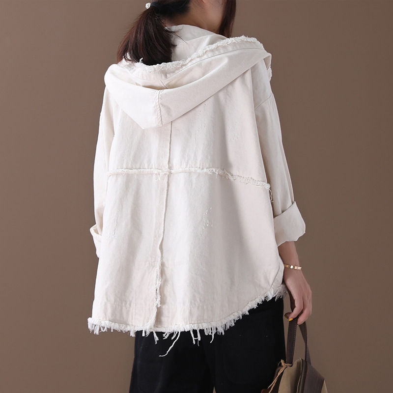 CHICEVER Korean Denim Jacket Female Hooded Long Sleeve Pockets Asymmetric Frayed Coat Women Casual Fashion Clothes 201017