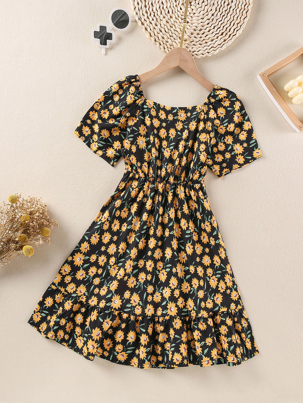 Girls Allover Floral Print Square Neck Ruffle Hem Dress SHE
