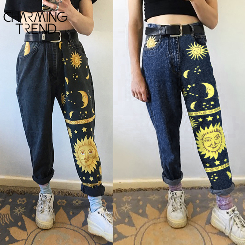 Women's High waist Pant jeans Female Summer womens Jeans Trousers Girls Denim Chic Fashion Moon Star Sun Print Pants Women 201106
