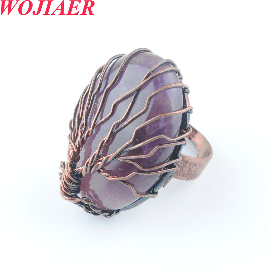 WOJIAER Antique Rings for Women Natural Stone Egg Shape Bead Vintage Wire Wrapped Tree of Life Adjustable Ring BO913
