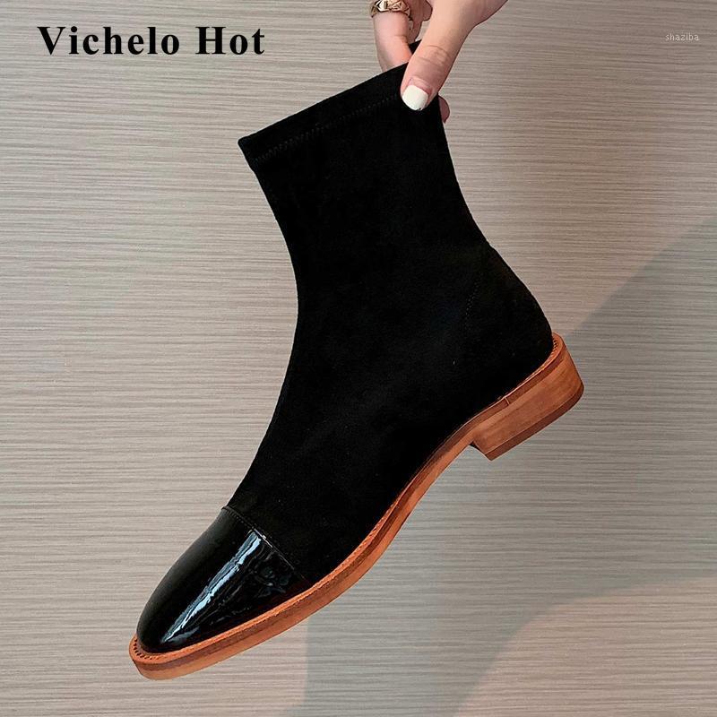 Vichelo Hot 2021 new arrival leisure winter shoes real leather flock round toe thick low heel slip on daily wear ankle boots L101, Black 
Vichelo Hot 2021 new arrival leisure winter shoes real leather flock round toe thick low heel slip on daily wear ankle boots L101, Black