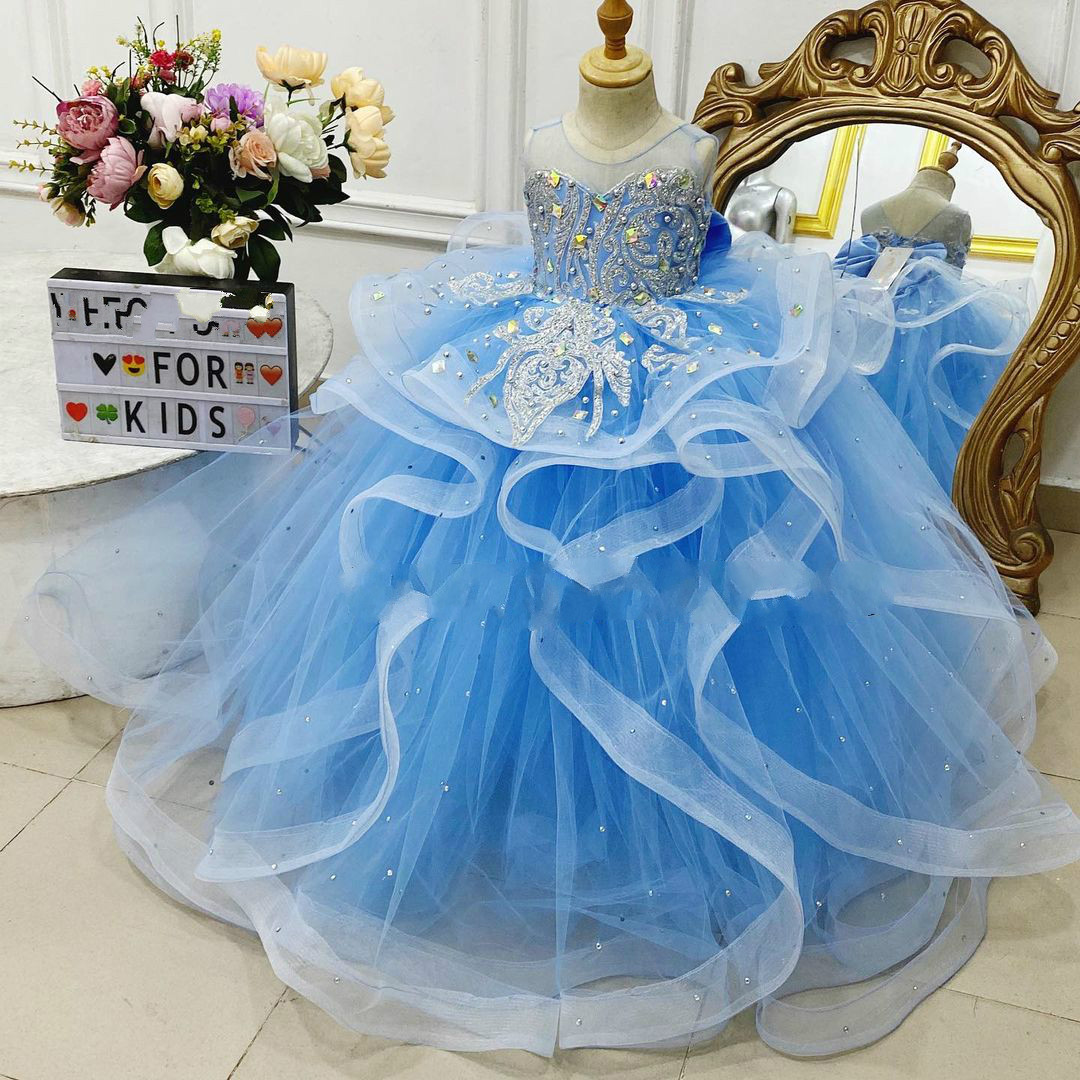 lace crystals flower girl dresses ball gown sheer neck little girl wedding dresses cheap communion pageant dresses gowns zj710