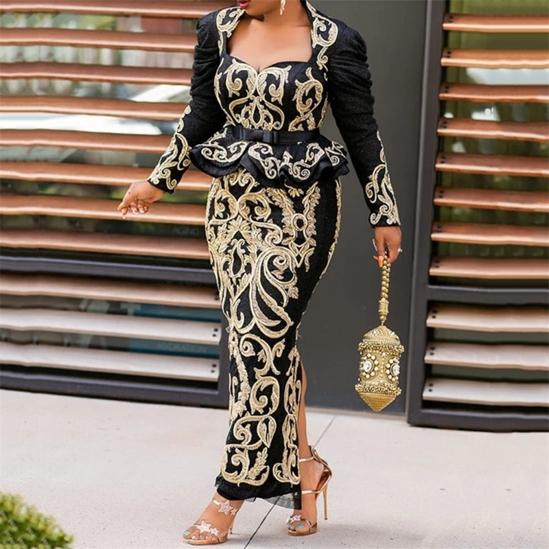 Vintage Black Floral Printed Long Evening Party Dress Long Sleeve Elegant Plus Size Bodycon Maxi Peplum Ruffles Dress Retro T200106