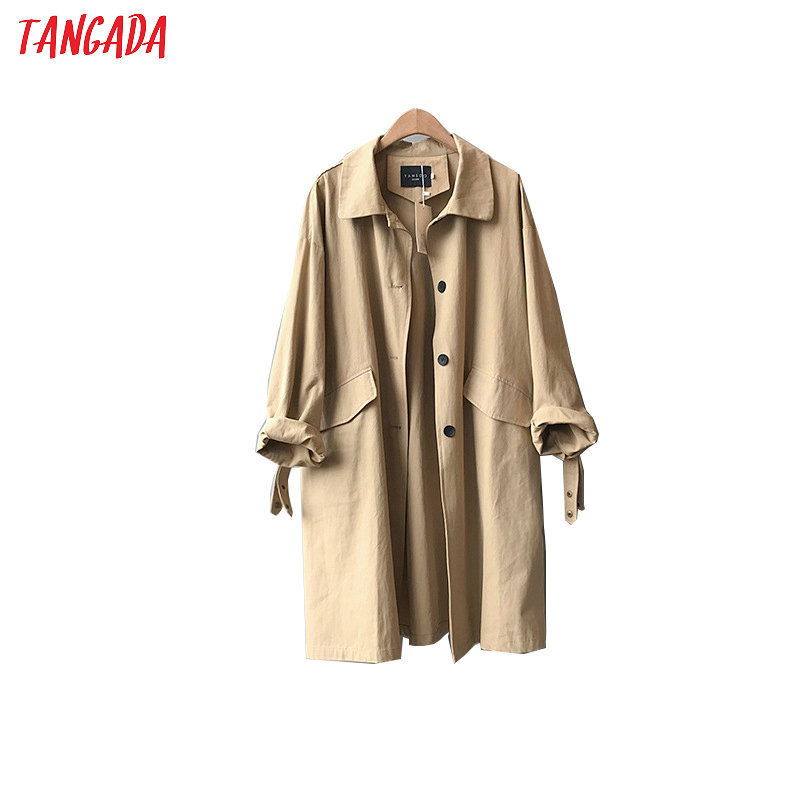 Tangada women oversized khaki long trench coat fashion elegant long sleeve ladies high street loose outwear ASF02 201211