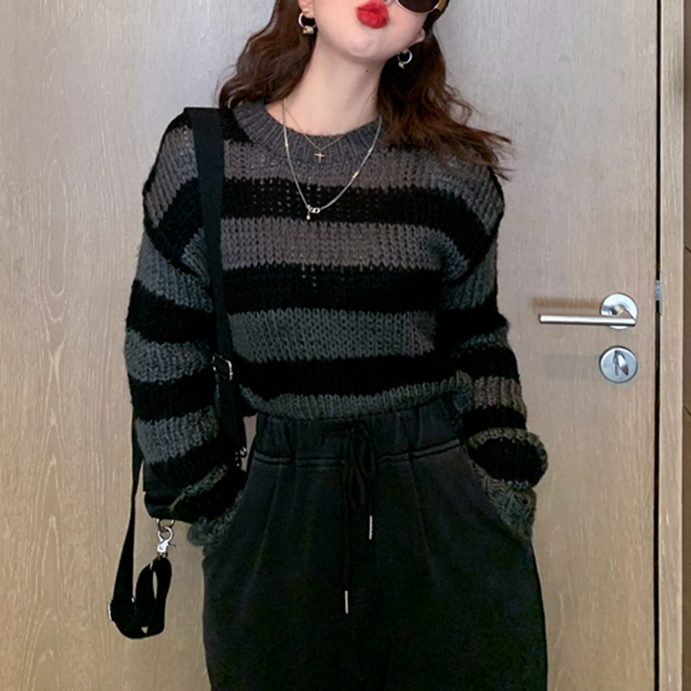 Rosetic Pullovers Striped Short Women Sweater Casual Knitwear Streetwear Jumper Gray Black Gothic Knitted Sweaters Goth 201224