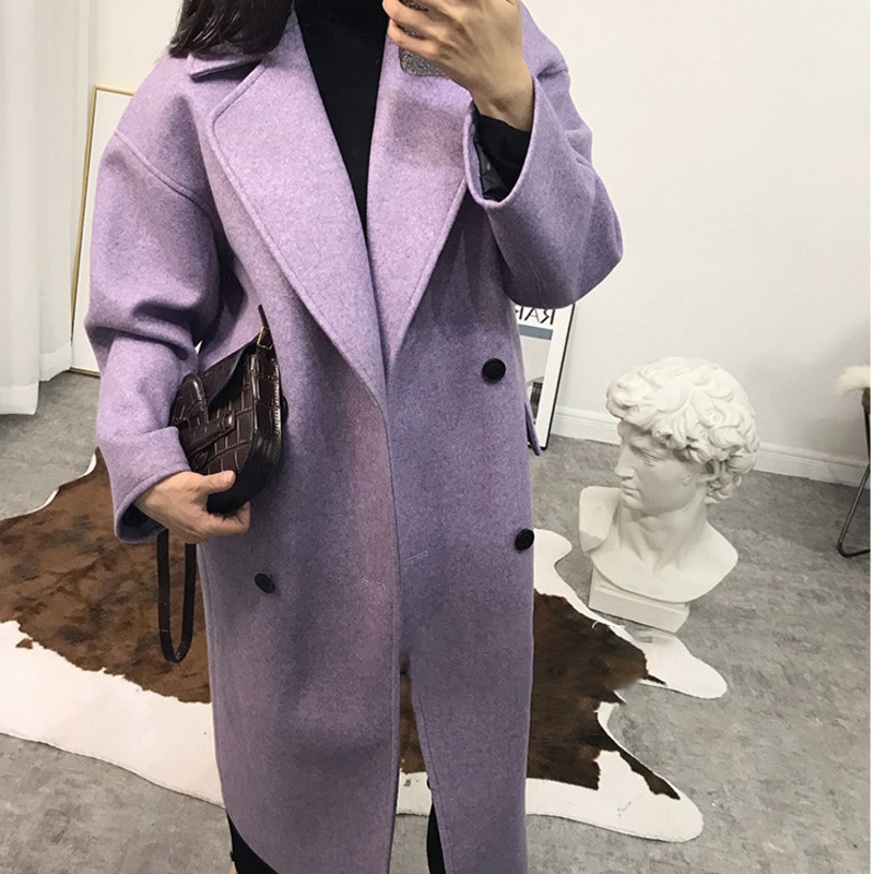 DEAT New Autumn Fashion Women's Woolen Coat Full Sleeve High Street Purple Lapel Collar Solid Loose Wild Elegant TX254 201216