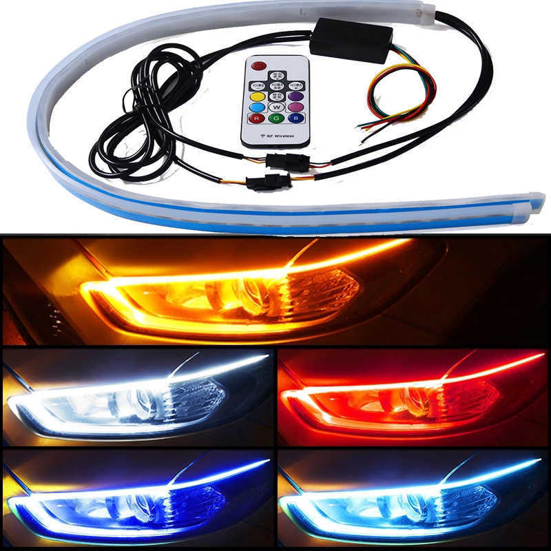 2Pcs Daytime Running Flexible Soft Tube Guide 45 60cm Car LED Strip Turn Signal Light RGB Remote Control DRL Headlight