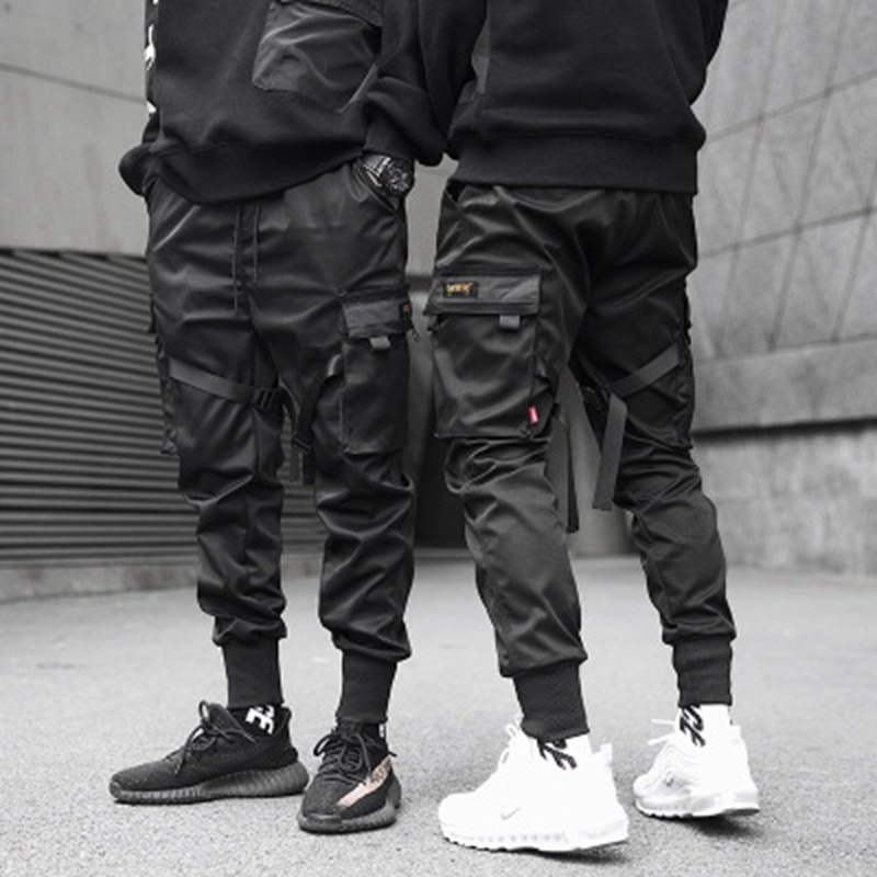 Ribbons Cargo Pants Men Casual Streetwear Harajuku Pants Hip Hop Trendy casual youth slim pants Stylish Men's Jogger Trousers T200219