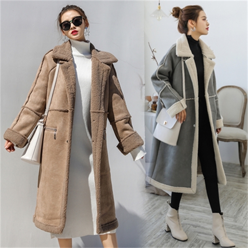 Korea Winter Women Faux Sheepskin Suede Suede Coat Thick Coat Flocking Wool Women's Long Leather Coats Plus Size Outerwear 201020