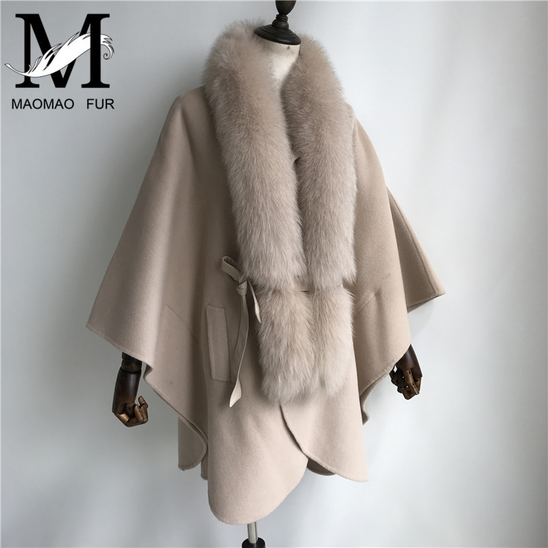 Women Cashmere Coat with Sashes Big Fox Fur Collar Fashion Women's Woolen Jacket Loose Solid Detachable Real Fur Collar Coat 201223