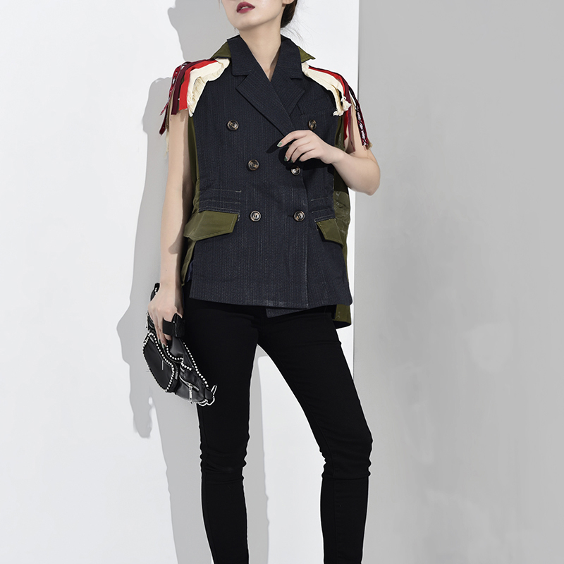 EAM Spring Autumn Lapel Sleeveless Embroidery Spliced Hit Color Loose Big Size Personality Vest Women Fashion QJ016 201102