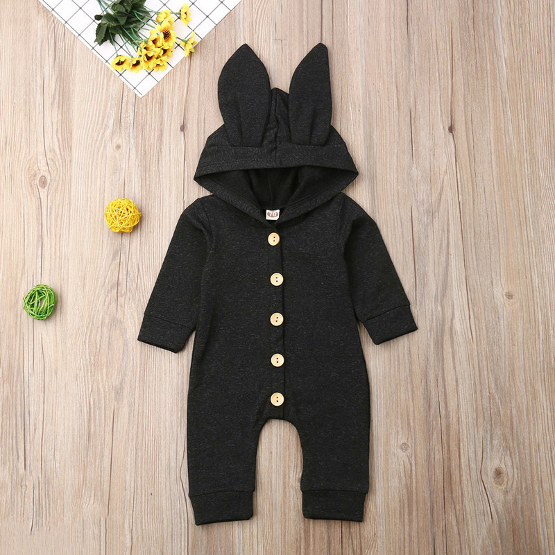 New Newborn Infant Baby Girl Boy Fashion Style Solid Cute Rabbit Ears Hooded Cotton Romper Button Jumpsuit Outfits Clothes 0-24M Y1221