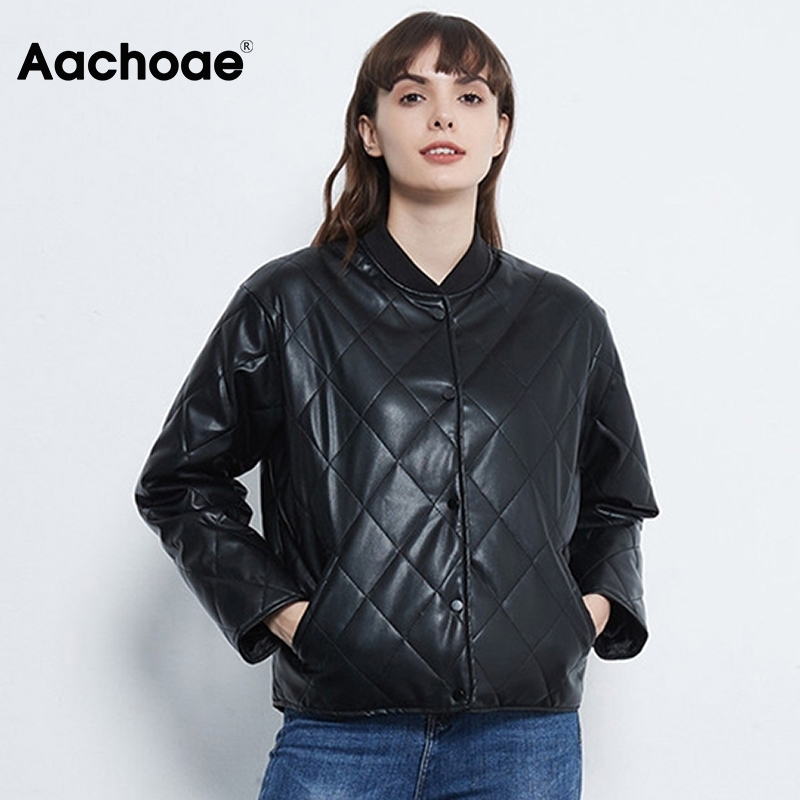 Aachoae Fashion Argyle Padded Jacket Women PU Faux Leather Long Sleeve Coat Female Loose Casual Ladies Winter Jackets 201028
