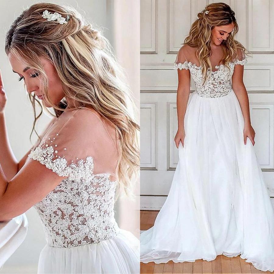 Beach Boho Dresses Short Sleeves Lace Applique Beaded Pearl Custom Made Illusion Top Chiffon Sweep Train Wedding Gown Vestidos