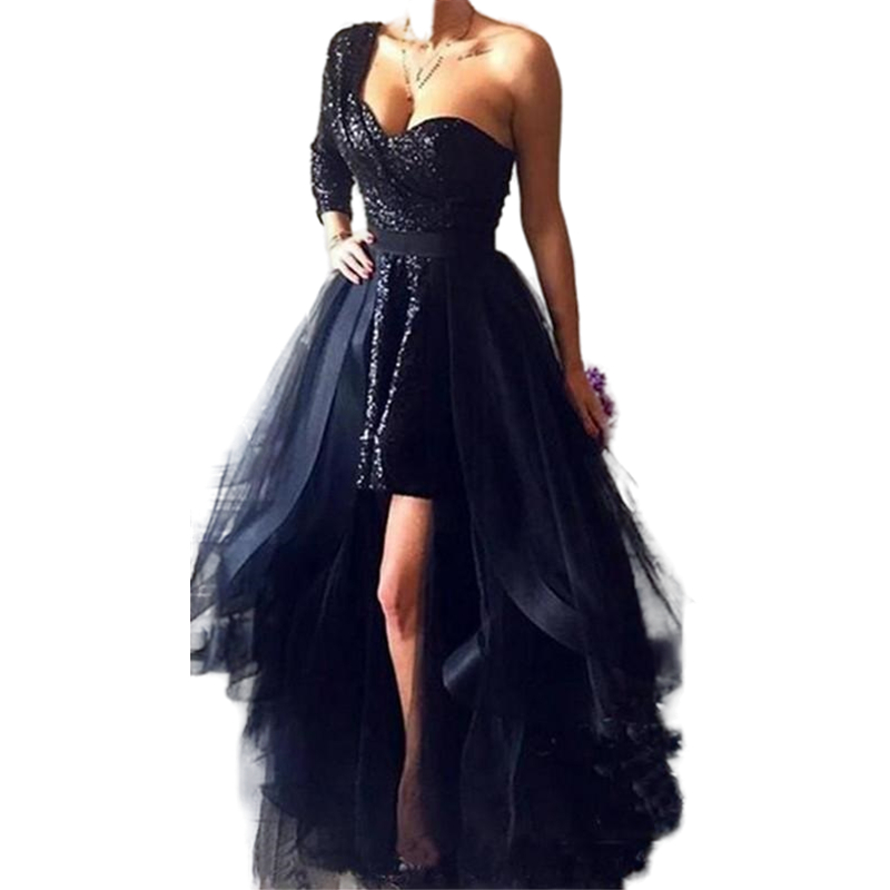 Sexy One Shoulder Short Sequined Prom Dresses With Detachable Skirt Shiny Black Sequins Evening Gowns Women Glitter A Line Special Occasion Dress Cust