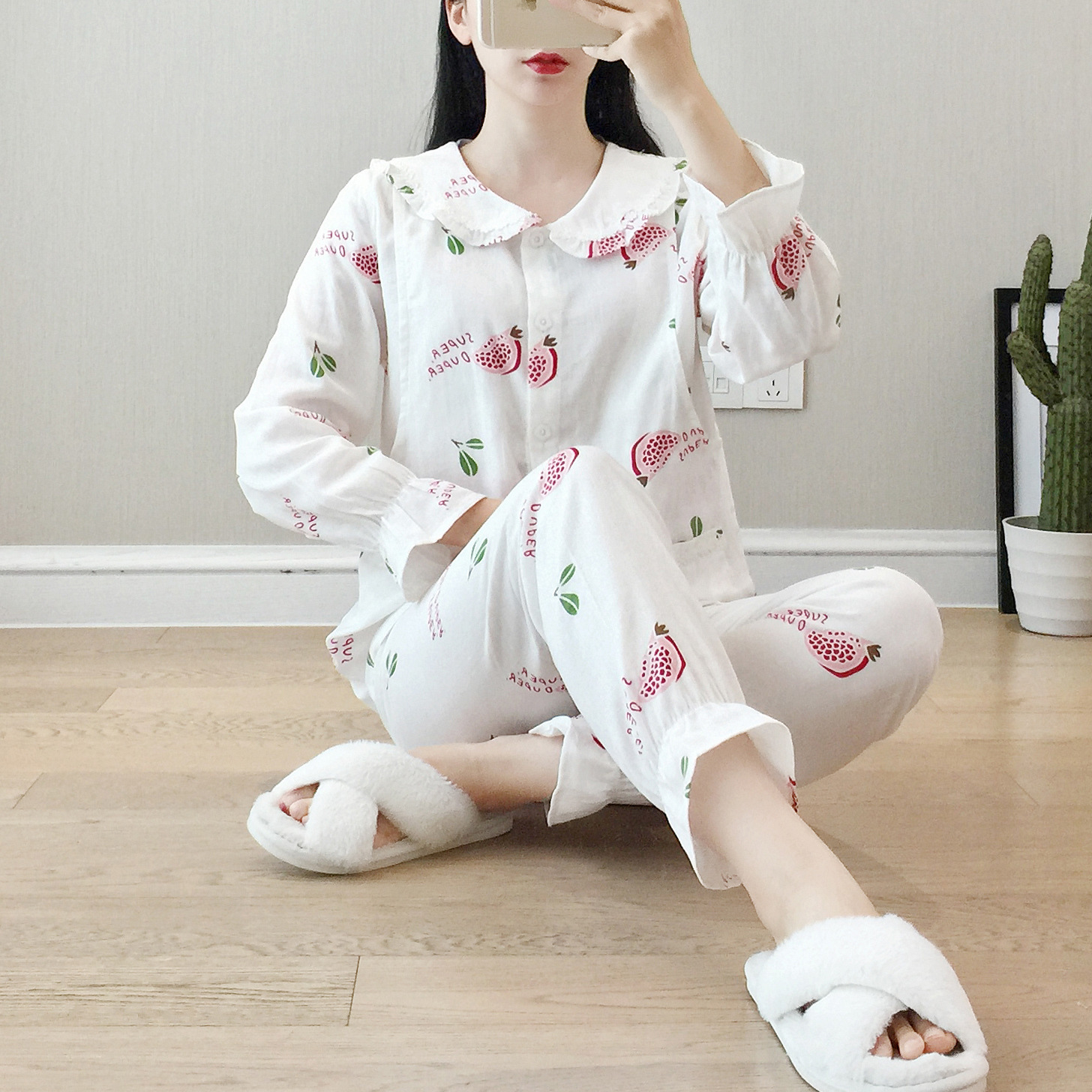 Double Layer Gauze Doll Collar Pajamas Set Spring and Summer Models Pure Cotton Maternal Confinement Piyamas Women Twopiece T200429