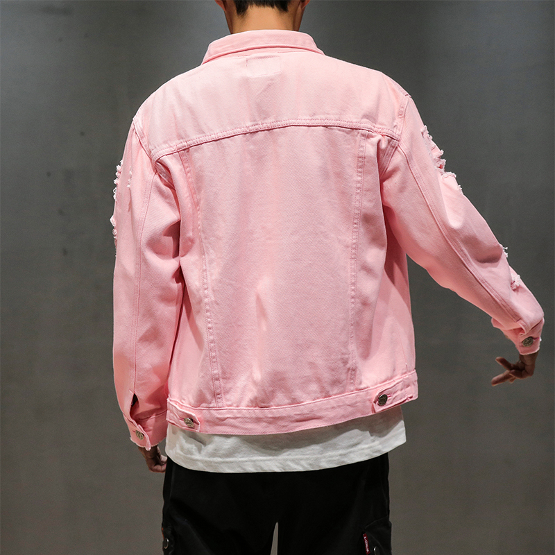 New Plus Size 5XL Pink black Ripped Denim jeans Jackets Hip Hop Streetwear Holes Casual Fashion Men Women Distressed Solid Coat 201218