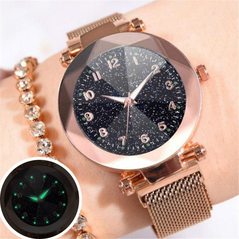 Wristwatches Wrist Watch Women 2022 Fashion Luxury Stainless Steel Magnetic Buckle Strap Refractive Surface Luminous Dial Ladies Quartz, Blue