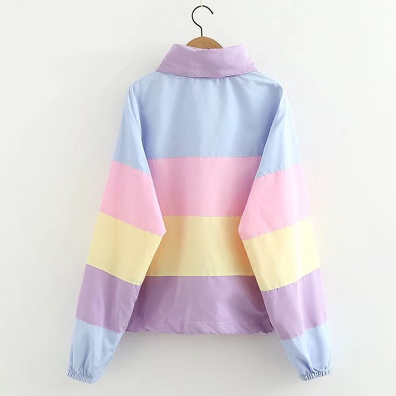 Flectit Women Pastel Rainbow Bomber Jacket Cute Color Block Duster Souvenir Sukajan Windbreaker Girls Harajuku Pastel Goth * 201028