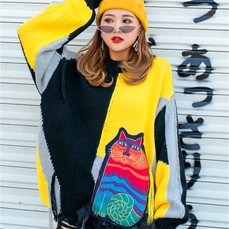 Vefadisa Women Pullovers Sweater 2020 Autumn Winter Women Cat Appliques Sweater Female Patchwork Color Tassel Sweater LJ201114